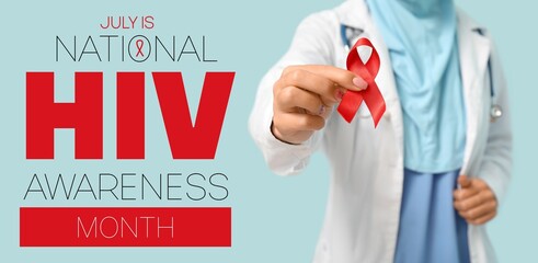 Banner for National HIV Awareness Month with female doctor holding red awareness ribbon