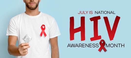 Wall Mural - Banner for National HIV Awareness Month with young man with red awareness ribbon and condom