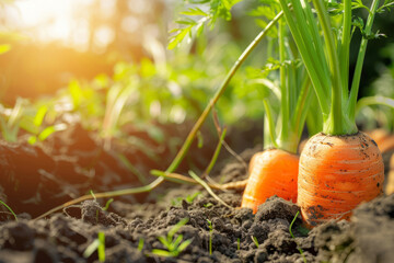 Fresh carrots growing in rich garden soil. Healthy organic vegetable farming