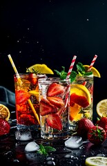 Wall Mural - Refreshing summer drinks made with lemon and strawberry slices in glasses with ice on dark background. Bright and vibrant photo style. Perfect for food, drink and summer-themed content. AI