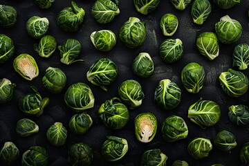 Fresh green Brussels sprouts on black background, vegan living 