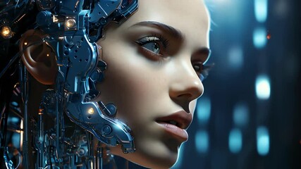 Poster - Connection of human woman and artificial intelligence robot. The concept of merging a person and a computer with neural networks in the future