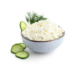Wall Mural - Bowl of tasty cottage cheese on white background