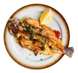 Sticker - Baked trout divided into two halves served with spices and herbs. Isolated over white background