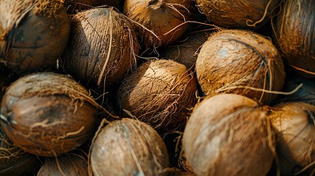 Colorful fruit background. Horizontal wallpaper full of coconuts. Organic vitamin and harvest season