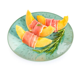 Wall Mural - Plate of delicious melon with prosciutto and rosemary on white background