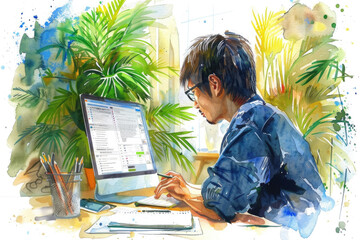 Poster - A watercolor illustration of a man working on his computer in a brightly lit office
