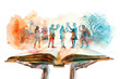 © sommersby - A watercolor illustration of people interacting within an open book. The book is being held by unseen hands, and the people are shown in a variety of settings, including a city and a forest