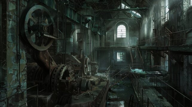 3d render of an old abandoned factory building with a bright light