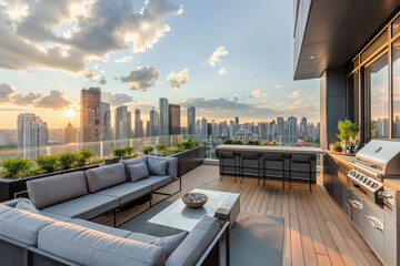 A modern and sleek rooftop barbecue area with a stunning cityscape view and sleek furnishings, perfect for high-end urban living