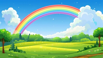 Wall Mural - A rainbow is seen in the sky above a mountain range. The sky is mostly cloudy, but the rainbow is bright and colorful, creating a sense of hope and wonder