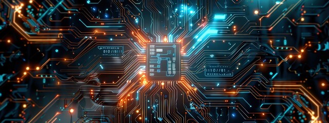 Poster - A computer chip is shown in a colorful, glowing display. The chip is surrounded by a network of wires and circuits, giving the impression of a complex and intricate system