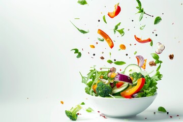 A fresh healthy seasonal vegetable salad whose ingredients fall into the bowl. White background