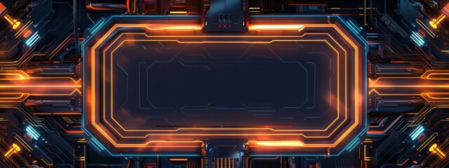 Poster - A computer generated image of a glowing orange square with a black background. The image is of a futuristic cityscape with a large, glowing square in the center