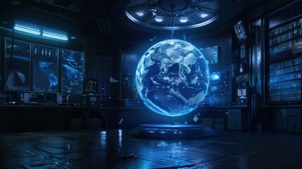 Poster - A globe with a network of lines surrounding it. The globe is surrounded by a blue and white light