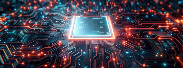 Poster - A computer chip is shown in a colorful, glowing display. The chip is surrounded by a network of wires and circuits, giving the impression of a complex and intricate system