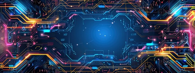 Poster - A computer chip with a bright light shining on it. The light is surrounded by a blue and orange glow