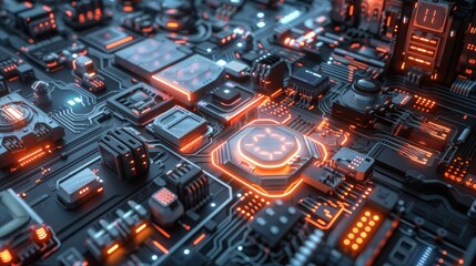 Poster - A computer chip with many small orange squares and a few black squares. The squares are all different sizes and are arranged in a way that looks like a city