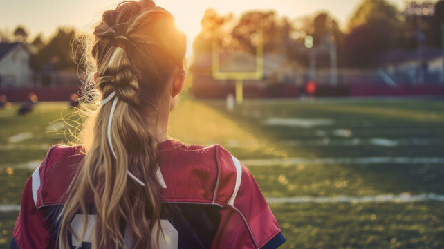 Closeup picture at waist level of high school aged girl in flag football uniform standing on field