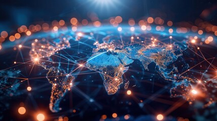 Poster - A globe with a network of lines connecting it. The globe is lit up with a blue and orange color scheme