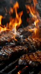 Wall Mural - Grilled steaks with flames on a barbecue, close-up view. Culinary and outdoor cooking concept