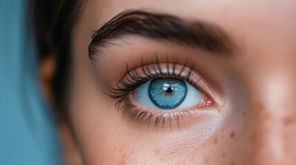 Wall Mural - Close-up of a blue eye with detailed iris patterns, long lashes, and natural skin texture