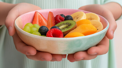 Wall Mural - A person is holding a bowl of fruit, including bananas, strawberries, and kiwis. The bowl is colorful and filled with a variety of fruits