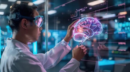 Poster - A man in a white lab coat is holding a brain in her hand, looking at a computer screen. The brain is glowing with different colors, and the woman is studying it