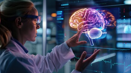 Poster - A woman in a white lab coat is holding a brain in her hand, looking at a computer screen. The brain is glowing with different colors, and the woman is studying it