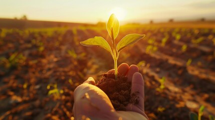 Hand holding a seedling in a field at sunset, nature and growth concept