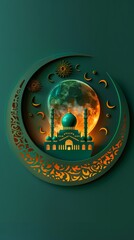 Wall Mural - Background of Mosque. Golden Metalic Illustration of Mosque and Moon. 3D Background with Copy Space 