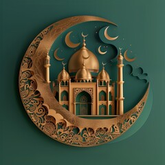 Poster - Background of Mosque. Golden Metalic Illustration of Mosque and Moon. 3D Background with Copy Space 