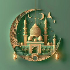 Canvas Print - Background of Mosque. Golden Metalic Illustration of Mosque and Moon. 3D Background with Copy Space 