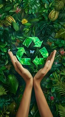 Wall Mural - Hands holding green recycling symbol surrounded by lush tropical foliage, environmental conservation concept