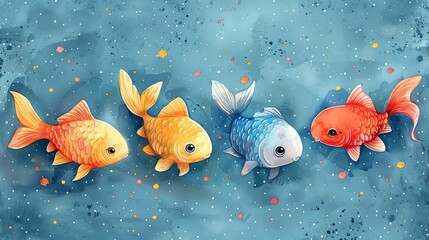 Wall Mural - Artwork of four uniquely colored goldfish with detailed scales swimming in clear water, set against a calming background, evoking peace and beauty in an aquatic setting.