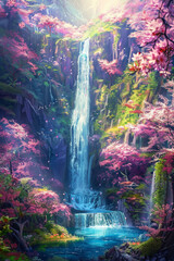 Wall Mural - Waterfall in the forest, colorful flowers on both sides of the waterfall