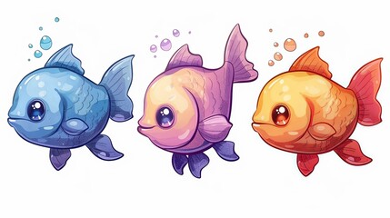 Illustration of three cartoon-like fish, each in blue, purple, and orange, swimming amongst bubbles on a white background. Perfect for cheerful and fun designs.