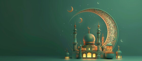 Canvas Print - Background of Mosque. Golden Metalic Illustration of Mosque and Moon. 3D Background with Copy Space 