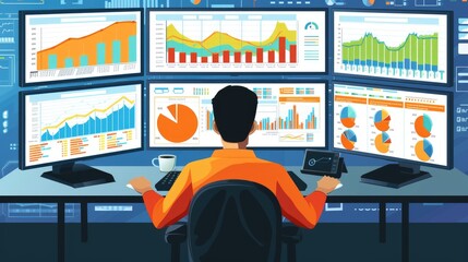 Poster - Worker looking at customer behavior chart while analyzing at computer and planning marketing strategy. Professional business man working while using financial graph and think about campaign. AIG42.