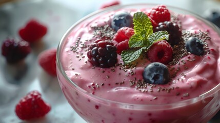 Wall Mural - Berry smoothie bowl with fresh fruits and chia seeds, close-up. Healthy breakfast and clean eating concept