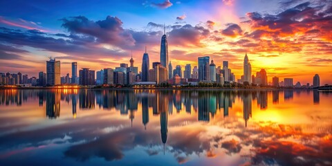 Poster - A realistic AI-generated image of a bustling city skyline at sunset with vibrant colors and reflections on the water , city, skyline, sunset, buildings, urban, architecture