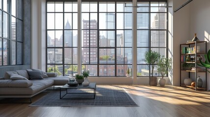 Wall Mural - modern loft with natural light coming through the windows and a cityscape view