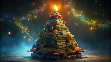 A Christmas tree made of vintage books with colorful fabric covers , Christmas, New Year, education, book publishing, reading, vintage, festive, holiday, decorations, creative, literature