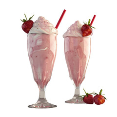 Two tall glasses contain sweet fruity cocktails on a transparent background. Milkshakes are mixed with vibrant red strawberries on top. Nourishing summer treats.