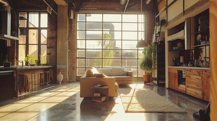 Wall Mural - modern loft with natural light coming through the windows and a cityscape view