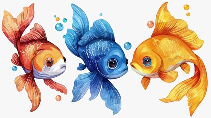 Wall Mural - A stunning image featuring three fish in exquisite detail and vibrant colors of red, blue, and yellow, surrounded by bubbles, showcasing artistic creativity and underwater serenity.