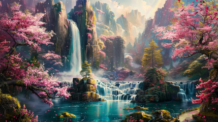 Wall Mural - A fantasy world with waterfalls, cherry blossoms and flowers, colorful landscape, a turquoise blue river flowing through the center of the picture