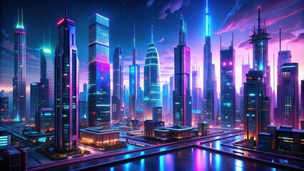 Poster - Futuristic cyberpunk cityscape with towering neon-lit buildings , Sci-fi, fantasy, city, cyberpunk,futuristic, neon lights, architecture, skyline, technology, future, advanced, hi-tech