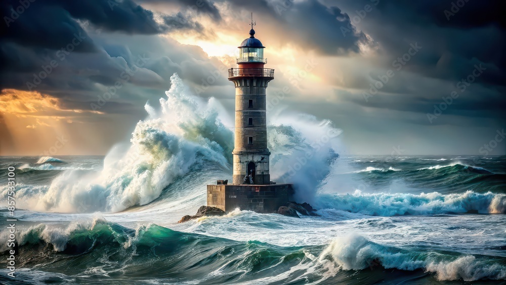 Lonely fictional lighthouse in the roaring ocean waves, lighthouse ...