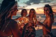 © YURIMA - An assorted group of women bonding at a scenic beach party, enjoying tropical drinks as the sun sets. Laughter and joy fill their festive gathering by the ocean, creating cherished memories